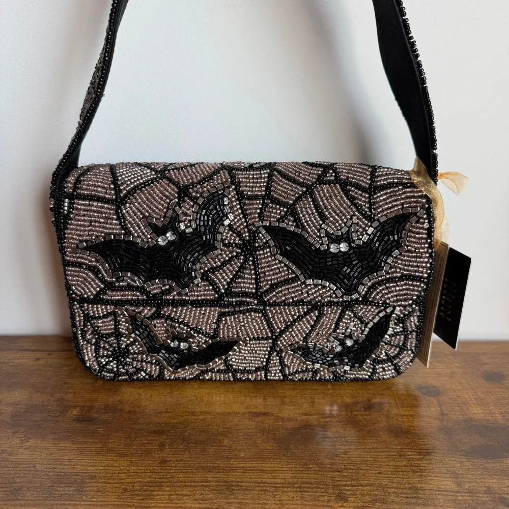 New From India To You Viral Beaded Bat Shoulder Handbag Spooky Halloween Black
